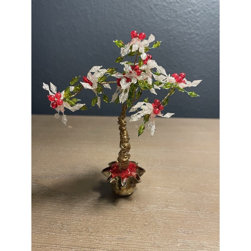 Vintage Handmade Beaded Wire Bonsai Tree Christmas Holly Red Green Frosted Leave